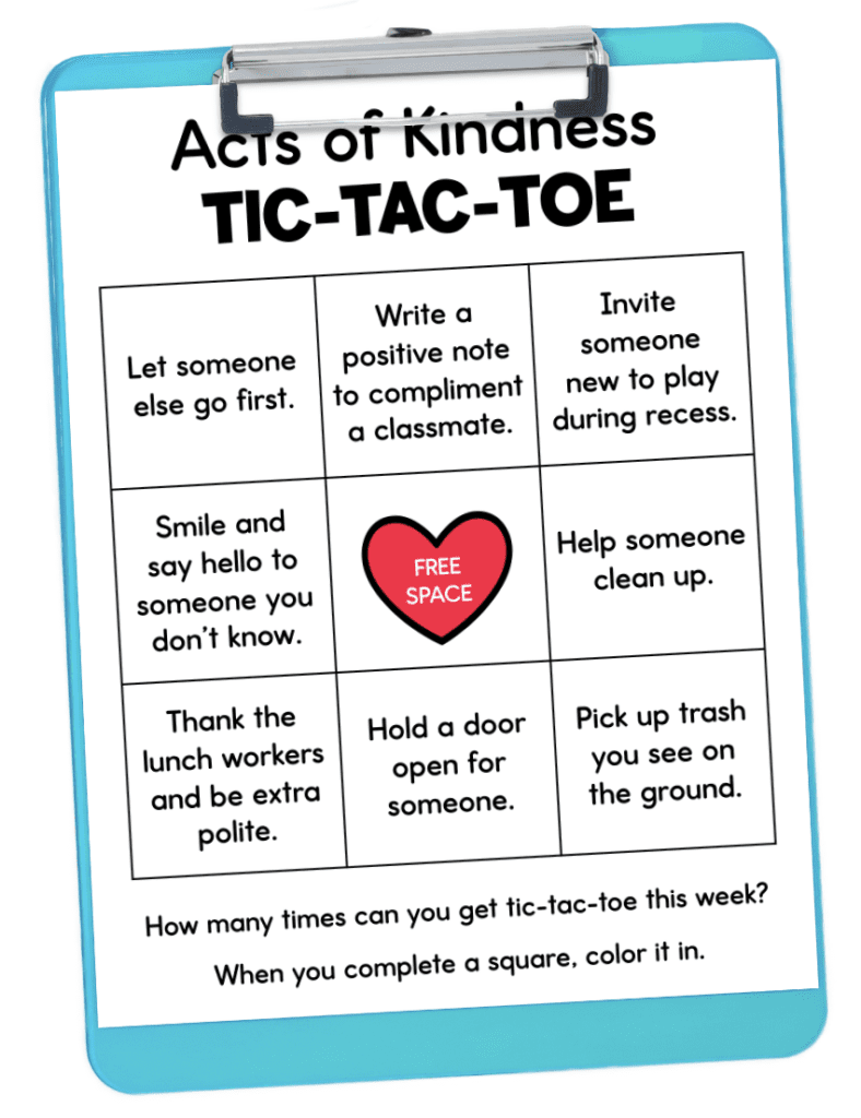 acts of kindness tic-tac-to to use with books about kindness for kids